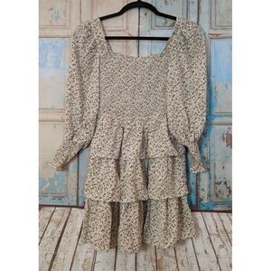 Byinns Womens Large Beige Floral Square Neck Tiered Tie Back Swing Mini Dress